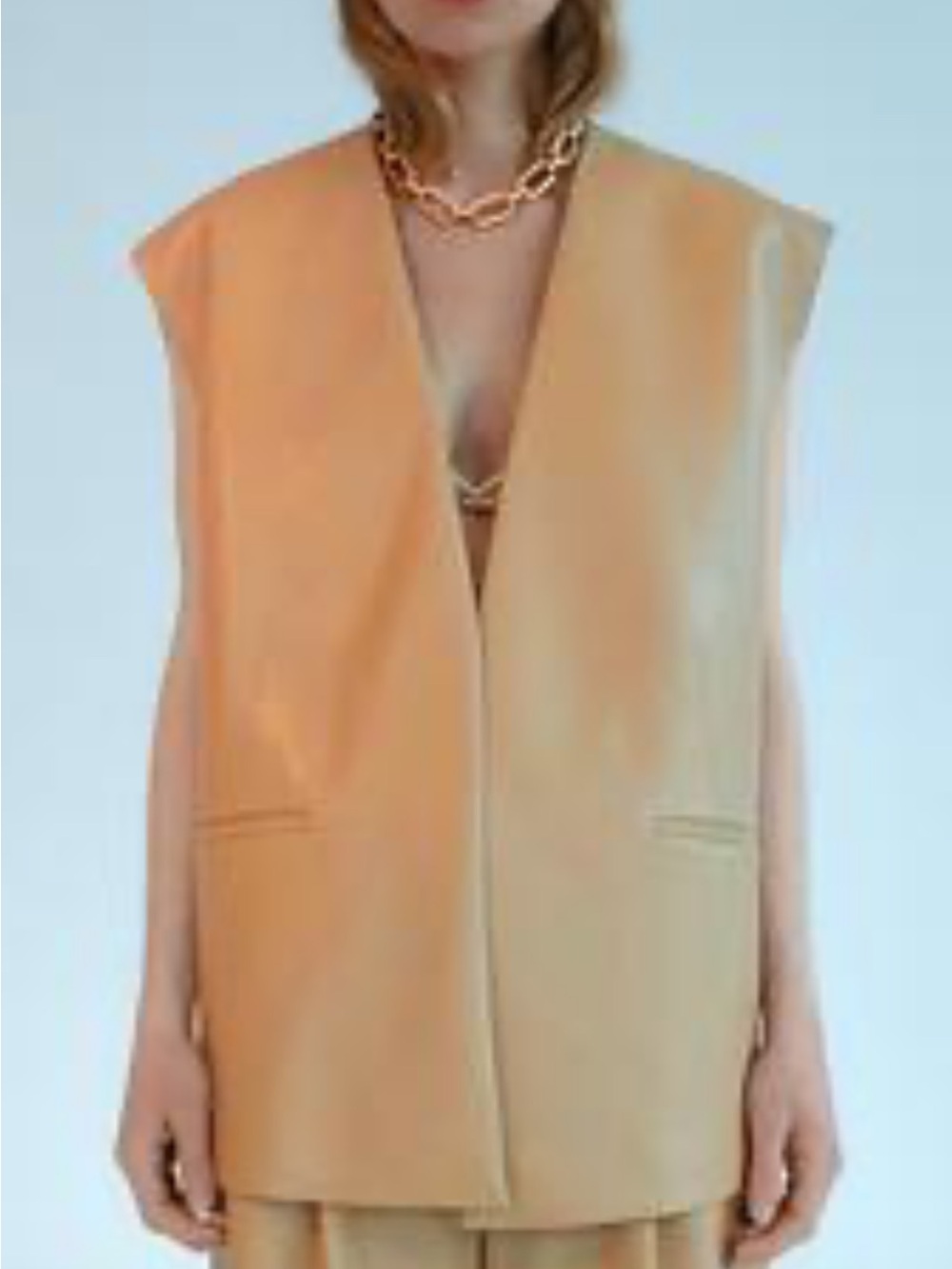 Zara FAUX LEATHER OVERSIZED VEST Sleeveless Long Vest in Light Tan